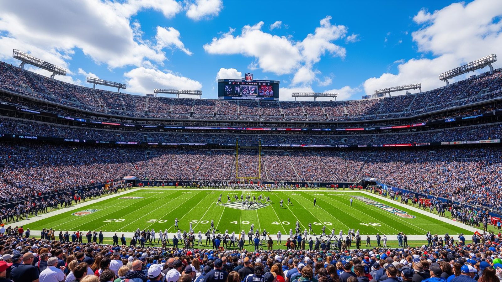 NFL stadium on a bright sunny day with players on the field